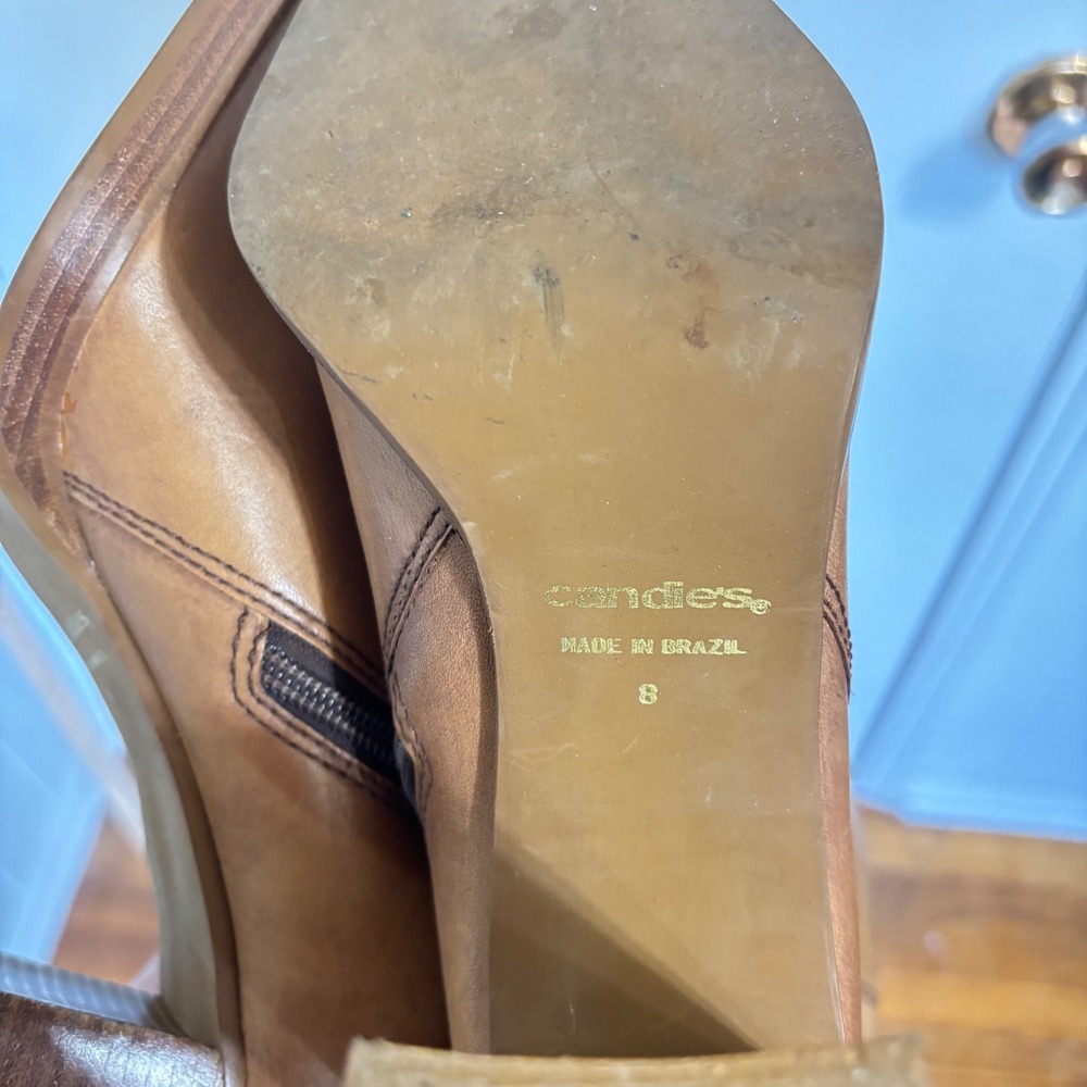 Vintage Candies Tan Leather Square Toe Block Heel Boots 90s Y2K Made in Brazil 8 - Picture 8 of 8